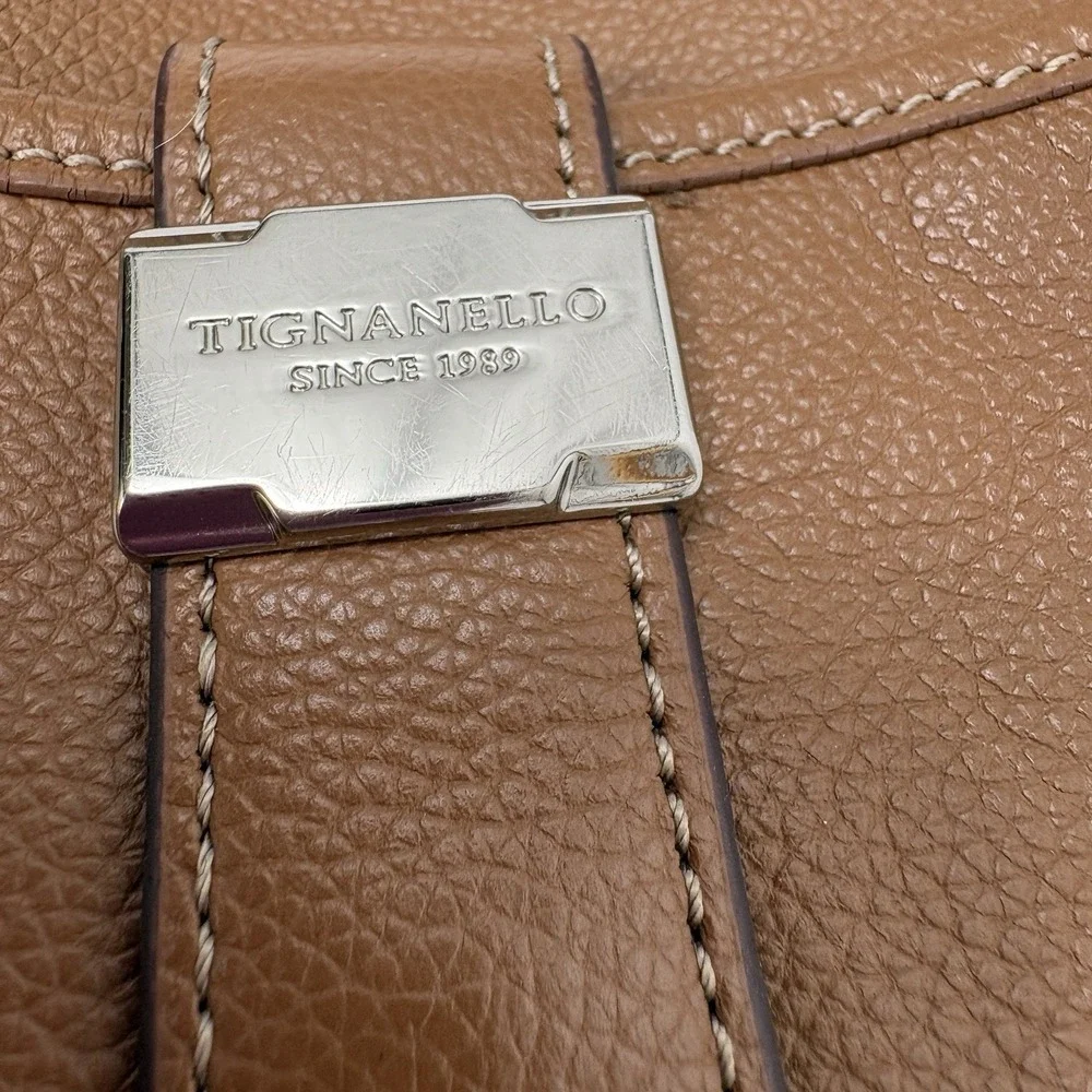 Tignanello‎ Caramel Graham Cracker Brown Pebbled Leather Hobo Bag Silver Y2K 15